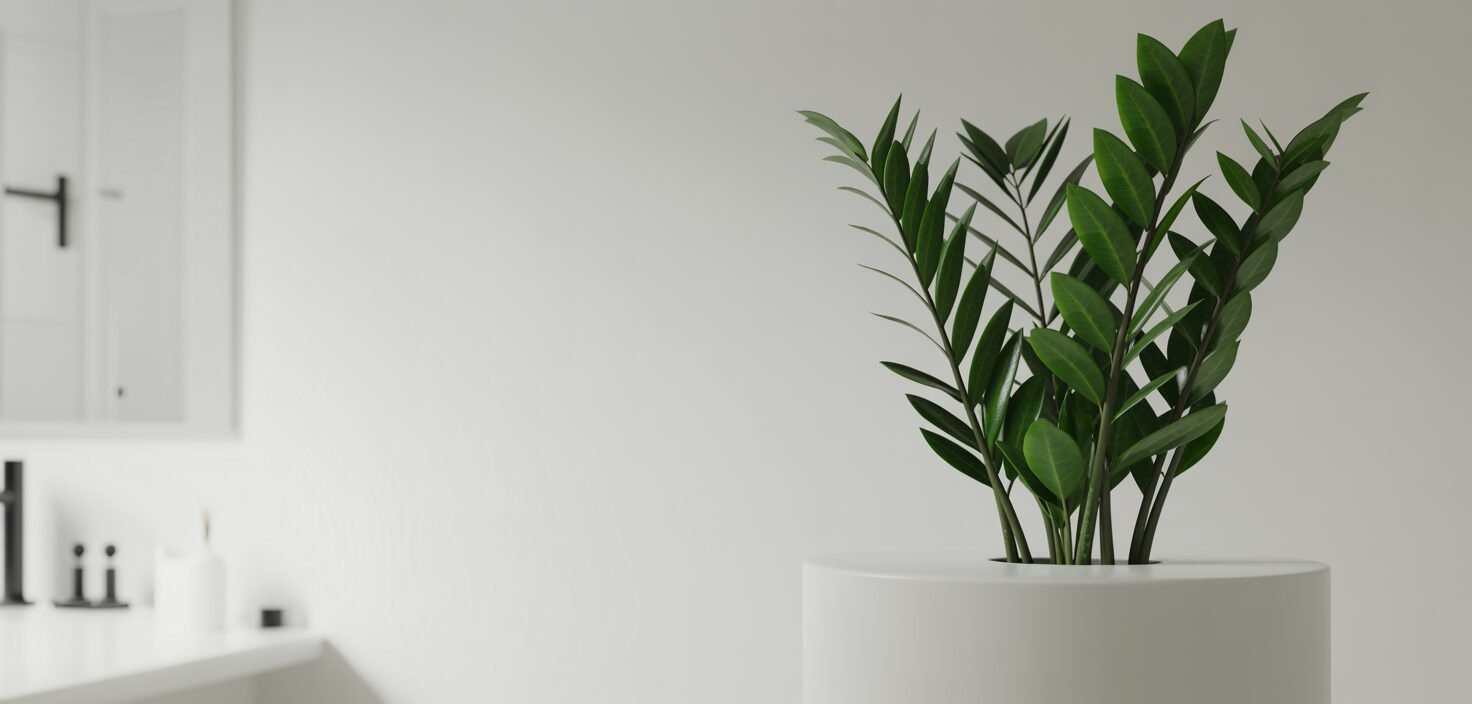 A photorealistic photo of a closet flower in a minimalist bathroom.